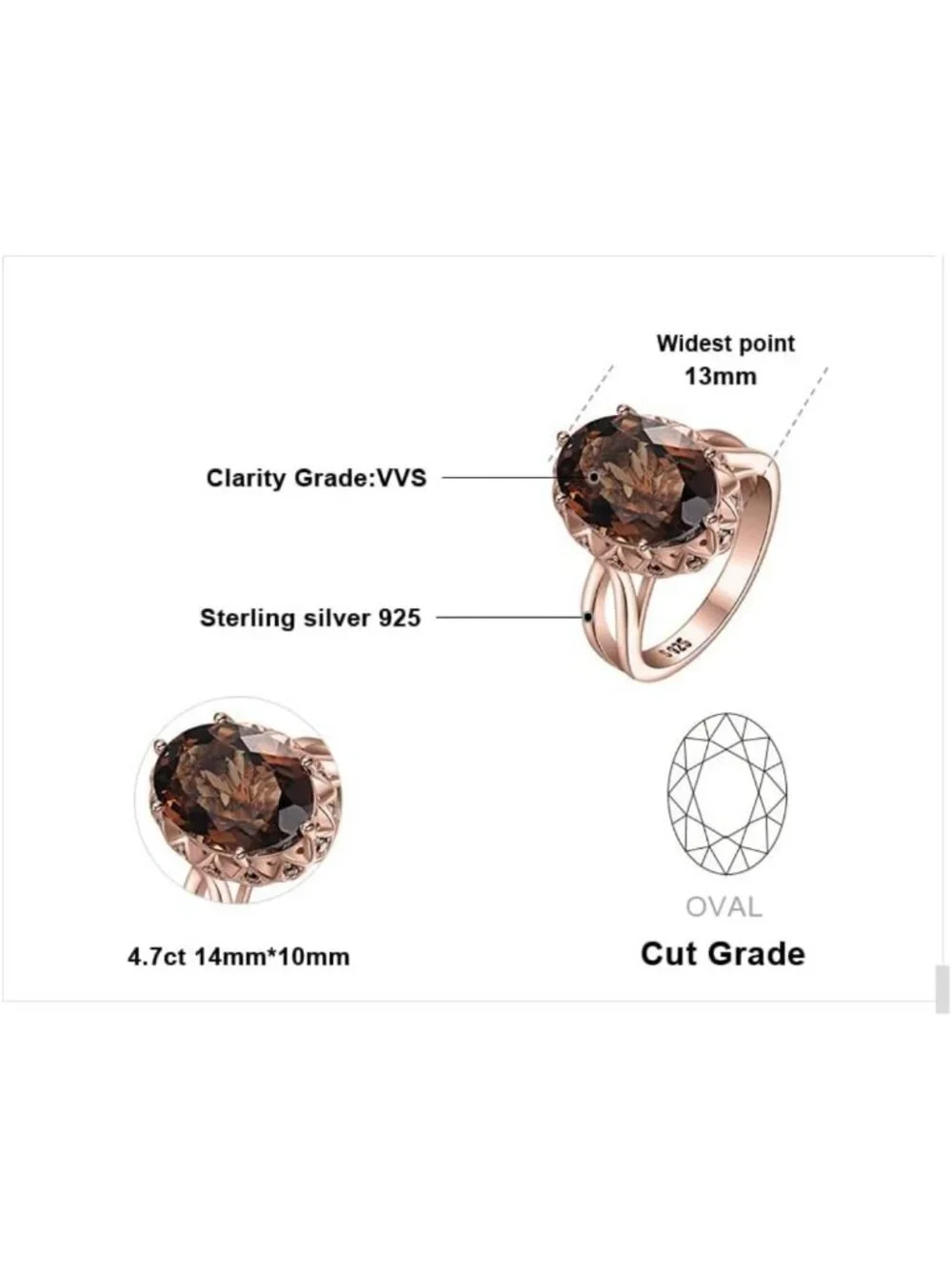 Stunning 5.7ct Oval Smoky Quartz Cocktail Ring, 14K Gold Plated Sterling Silver